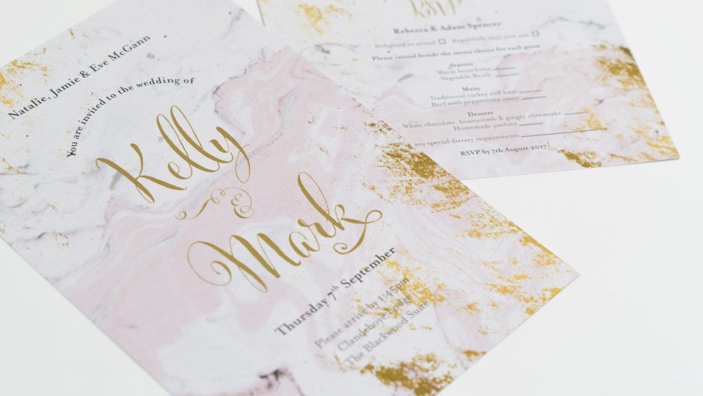 kelly mark- wedding invite- rsvp- marble- pink and gold- gold foiling